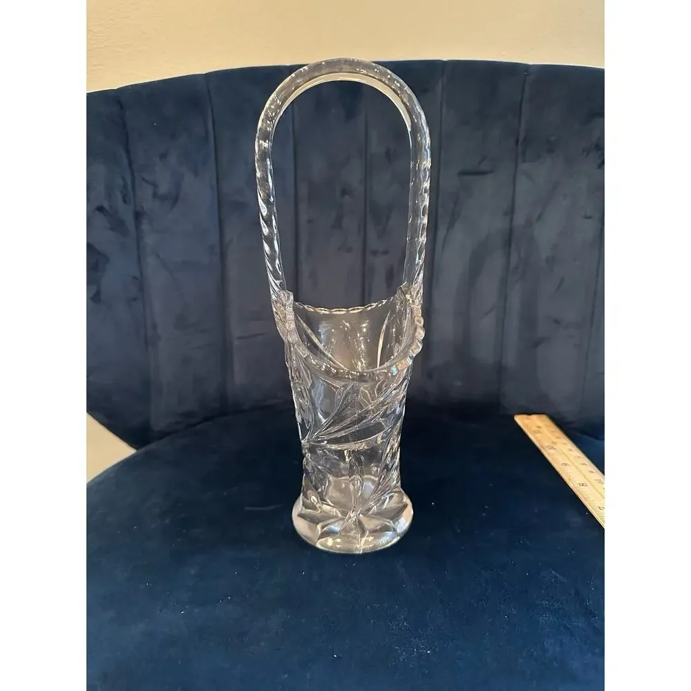 Vintage Clear Pressed Glass Floral Etched‎ Basket Scalloped Rim 11 Inch Tall